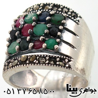 انگشتر چند جواهر زنانه یاقوت و زمرد طرح مربع درشت