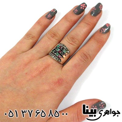انگشتر چند جواهر زنانه یاقوت و زمرد طرح مربع درشت