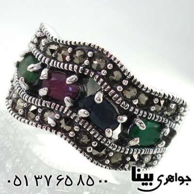 انگشتر چند جواهر یاقوت و زمرد زنانه طرح موج