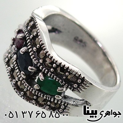 انگشتر چند جواهر یاقوت و زمرد زنانه طرح موج