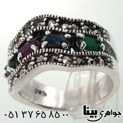 انگشتر چند جواهر یاقوت و زمرد زنانه طرح موج
