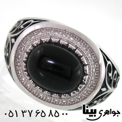 انگشتر عقیق سیاه (اونیکس) مردانه بیضی افقی طرح شاخه