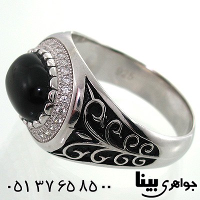 انگشتر عقیق سیاه (اونیکس) مردانه بیضی افقی طرح شاخه