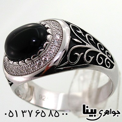 انگشتر عقیق سیاه (اونیکس) مردانه بیضی افقی طرح شاخه