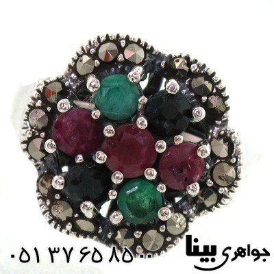 انگشتر چند جواهر یاقوت و زمرد زنانه گل پنج پر