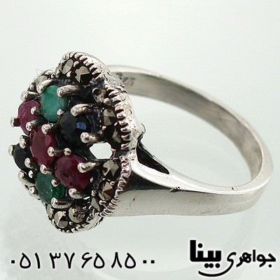 انگشتر چند جواهر یاقوت و زمرد زنانه گل پنج پر