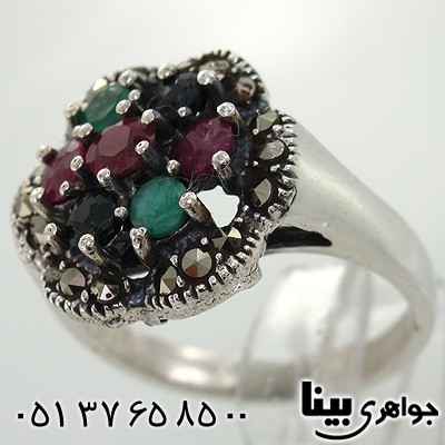 انگشتر چند جواهر یاقوت و زمرد زنانه گل پنج پر