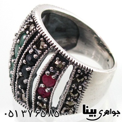 انگشتر چند جواهر زنانه زمرد و یاقوت حلقه ای پهن
