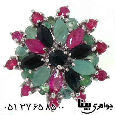 انگشتر چند جواهر زنانه یاقوت و زمرد گل درشت