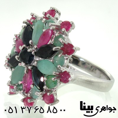 انگشتر چند جواهر زنانه یاقوت و زمرد گل درشت