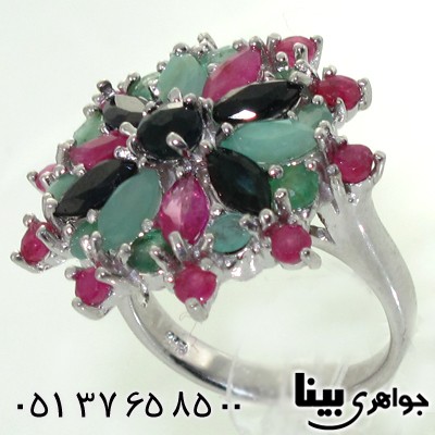 انگشتر چند جواهر زنانه یاقوت و زمرد گل درشت