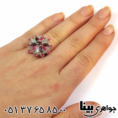 انگشتر چند جواهر زنانه یاقوت و زمرد گل درشت