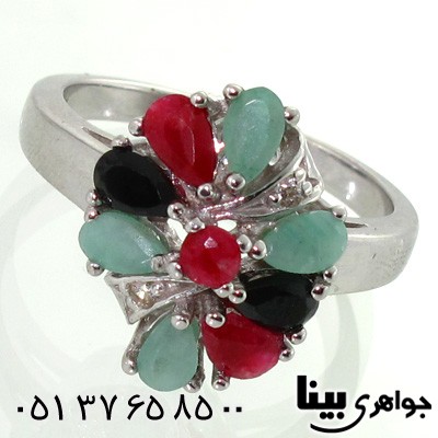انگشتر چند جواهر یاقوت و زمرد زنانه طرح مینو درشت