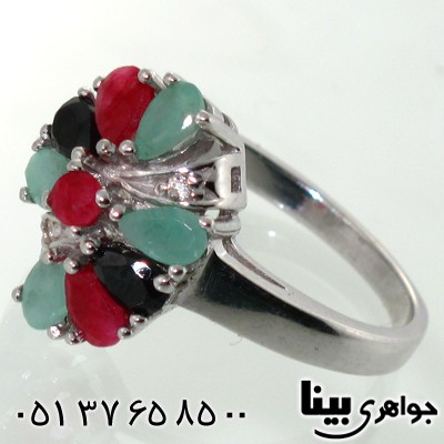 انگشتر چند جواهر یاقوت و زمرد زنانه طرح مینو درشت