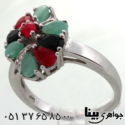 انگشتر چند جواهر یاقوت و زمرد زنانه طرح مینو درشت