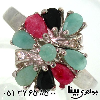 انگشتر چند جواهر زنانه زمرد و یاقوت طرح مینو درشت