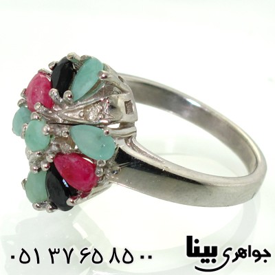 انگشتر چند جواهر زنانه زمرد و یاقوت طرح مینو درشت