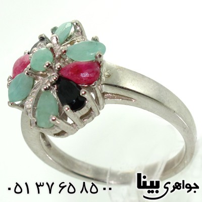انگشتر چند جواهر زنانه زمرد و یاقوت طرح مینو درشت