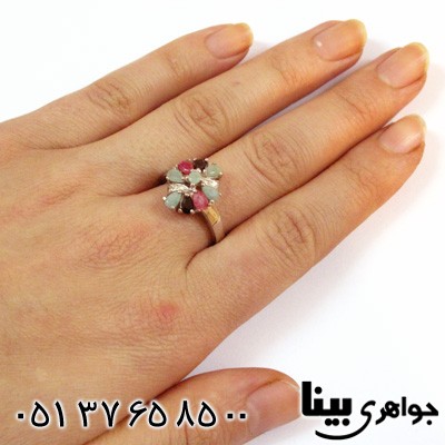انگشتر چند جواهر زنانه زمرد و یاقوت طرح مینو درشت