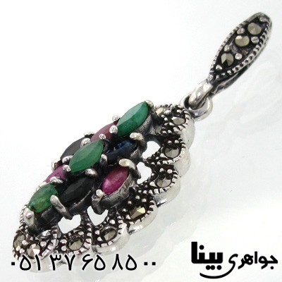 گردنبند چند جواهر زنانه یاقوت و زمرد طرح شیوا