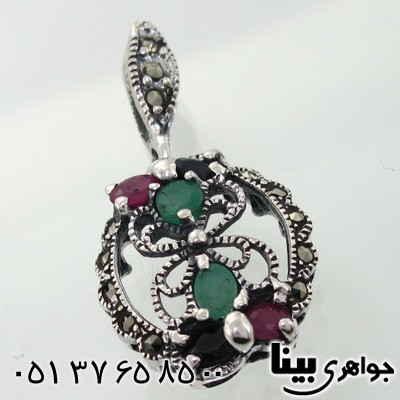 گردنبند چند جواهر زنانه زمرد و یاقوت طرح پروانه