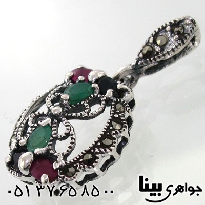 گردنبند چند جواهر زنانه زمرد و یاقوت طرح پروانه