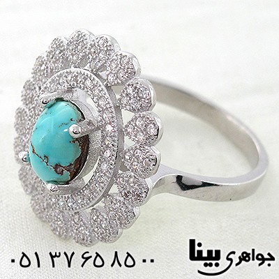 انگشتر فیروزه نیشابوری زنانه دور جواهری درشت