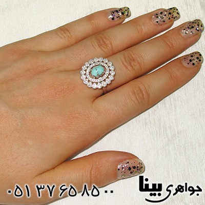 انگشتر فیروزه نیشابوری زنانه دور جواهری درشت