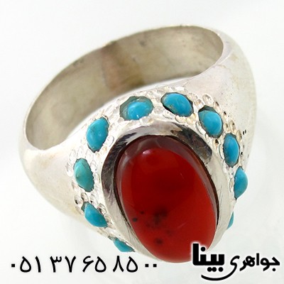 انگشتر عقیق یمنی مردانه دور فیروزه عجمی نیشابوری