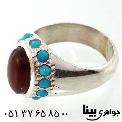 انگشتر عقیق یمنی مردانه دور فیروزه عجمی نیشابوری