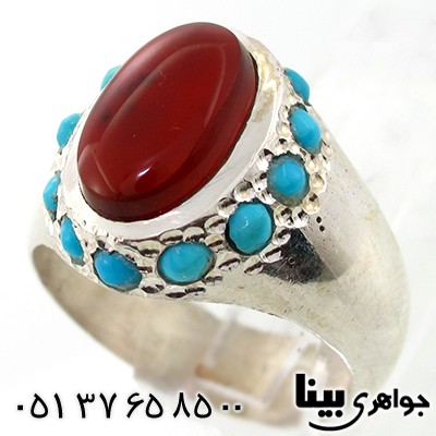 انگشتر عقیق یمنی مردانه دور فیروزه عجمی نیشابوری