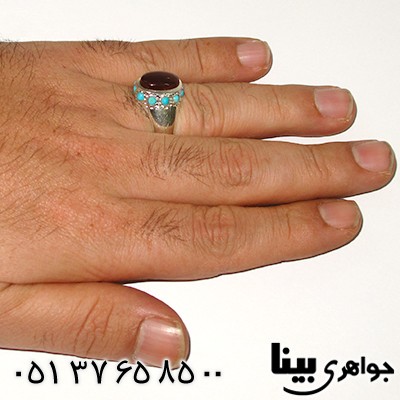 انگشتر عقیق یمنی مردانه دور فیروزه عجمی نیشابوری