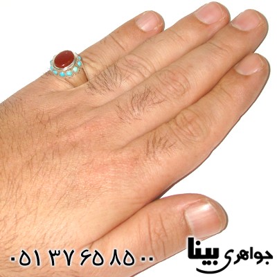 انگشتر عقیق یمنی مردانه دور فیروزه نیشابوری عجمی