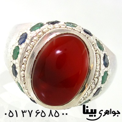 انگشتر عقیق یمنی مردانه دور نگین یاقوت و زمرد