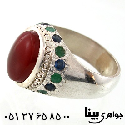 انگشتر عقیق یمنی مردانه دور نگین یاقوت و زمرد