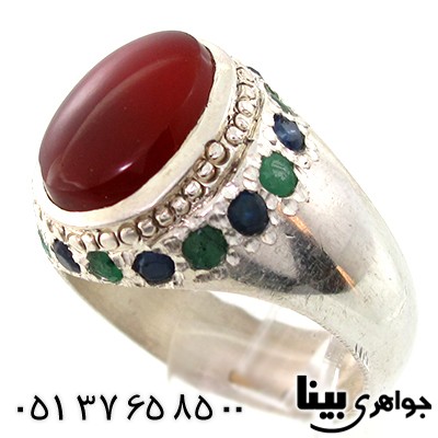 انگشتر عقیق یمنی مردانه دور نگین یاقوت و زمرد
