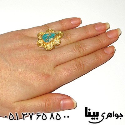 انگشتر فیروزه نیشابوری زنانه درشت زیر خاکی اشکی _کد:7636