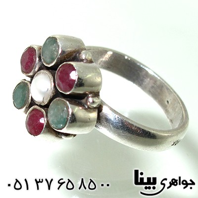 انگشتر چند جواهر یاقوت و زمرد و مروارید زنانه _کد:7692