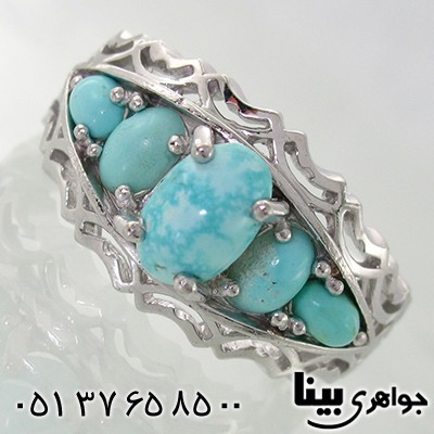 انگشتر فیروزه عجمی نیشابوری مردانه پنج نگین رادویم لوکس _کد:7804