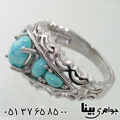انگشتر فیروزه عجمی نیشابوری مردانه پنج نگین رادویم لوکس _کد:7804