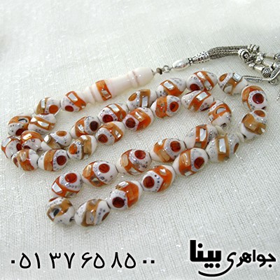 تسبیح استخوان 33 دانه ای نقره کوب، آینه کاری و مرصع کاری کهربا _کد:8027