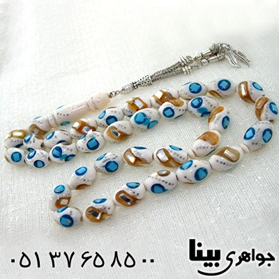 تسبیح استخوان 33 دانه ای نقره کوب، آینه کاری و مرصع کاری فیروزه مصری _کد:8036