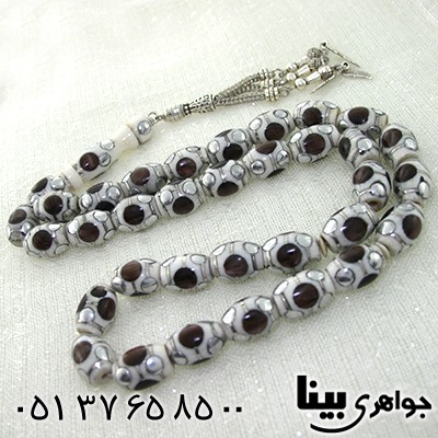 تسبیح استخوان 33 دانه ای درشت نقره کوب، آینه کاری و مرصع کاری _کد:8039