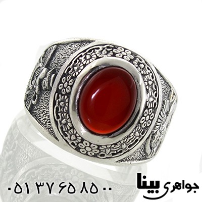 انگشتر عقیق قرمز مردانه فروهر و شیر و خورشید _کد:8044