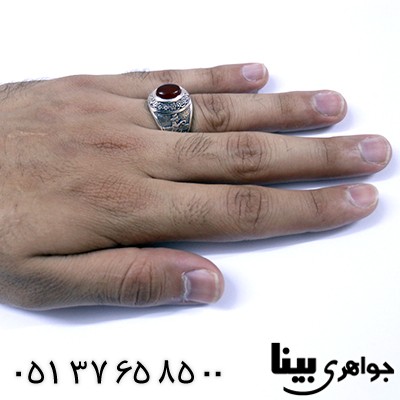 انگشتر عقیق قرمز مردانه فروهر و شیر و خورشید _کد:8044