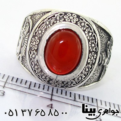 انگشتر عقیق قرمز مردانه فروهر و شیر و خورشید _کد:8151