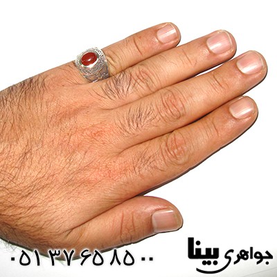 انگشتر عقیق قرمز مردانه فروهر و شیر و خورشید _کد:8151