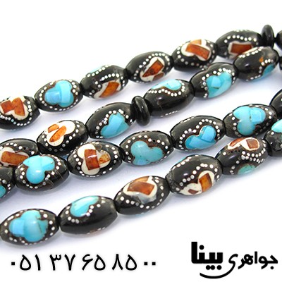 تسبیح چند جواهر 33 دانه ای یسر نقره کوب و مرصع کاری کهربا و فیروزه مصری _کد:8455