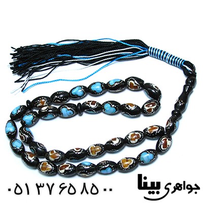 تسبیح چند جواهر 33 دانه ای یسر نقره کوب و مرصع کاری کهربا و فیروزه مصری _کد:8455