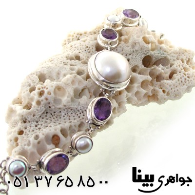 دستبند چند جواهر مروارید درشت عالی و آمتیست زنانه ایتالیایی فاخر _کد:1279